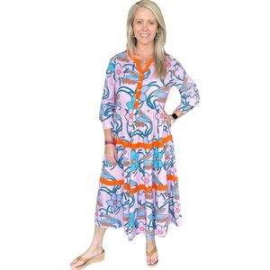 Briton Court Women's Large Tiered Monet‎ Garden Midi Dress Scarlett Floral